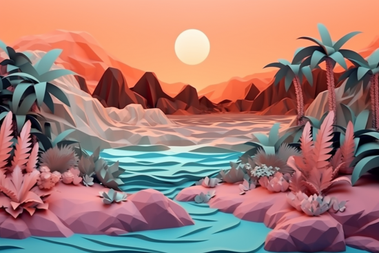 A low poly landscape with a river and mountains