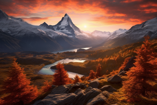 A river running through a valley with mountains and trees
