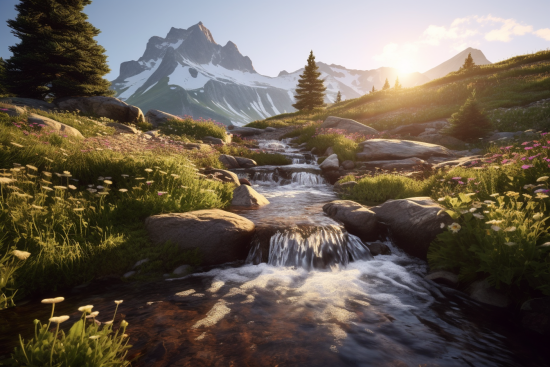 A stream running through a valley with trees and mountains