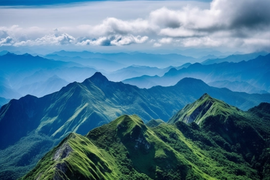 A green mountains with blue sky and clouds