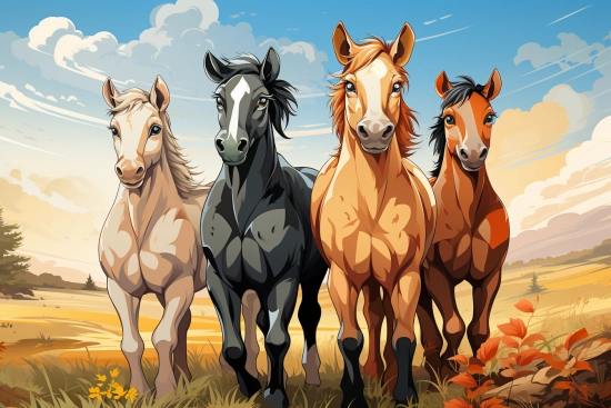 a group of horses standing in a field