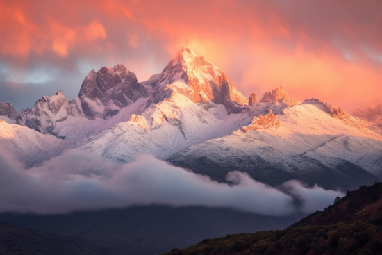 A snowy mountain with clouds in the background