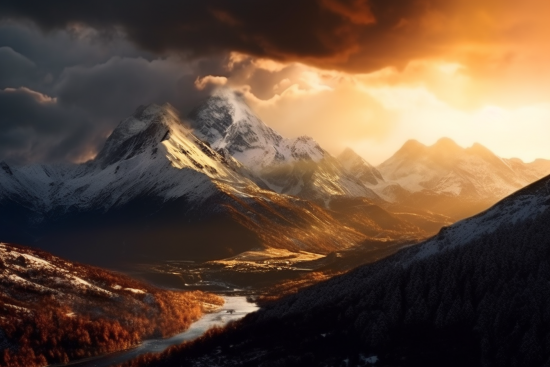 A river running through a valley with snow covered mountains