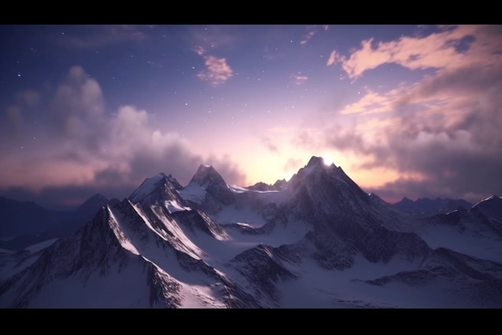 A mountain range with snow and clouds