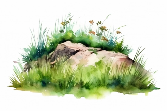 A watercolor painting of a rock surrounded by grass