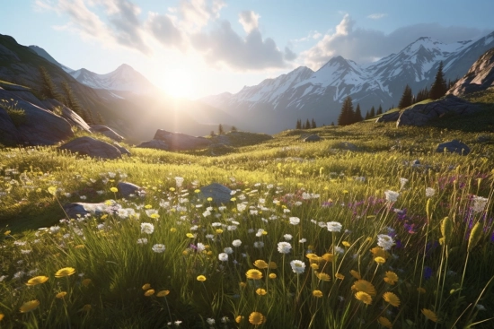 A field of flowers and mountains
