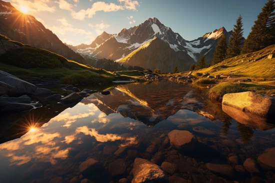 A mountain range with a body of water