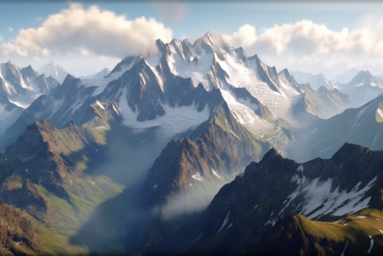 A mountain range with snow and clouds