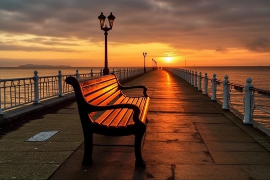 A bench on a walkway by the water