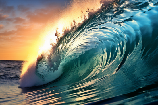 A large wave with sun behind it