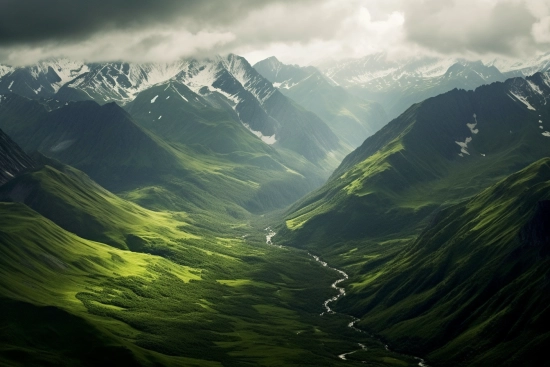 A valley with a river running through it