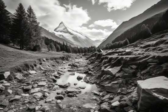 A rocky river bed with trees and mountains in the background