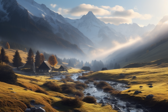 A river running through a valley with mountains in the background
