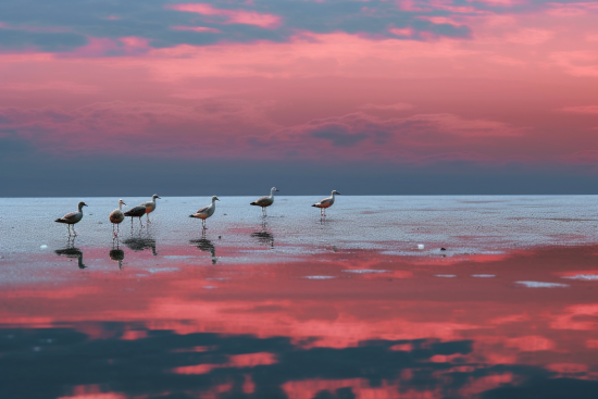 A group of birds standing on a beach