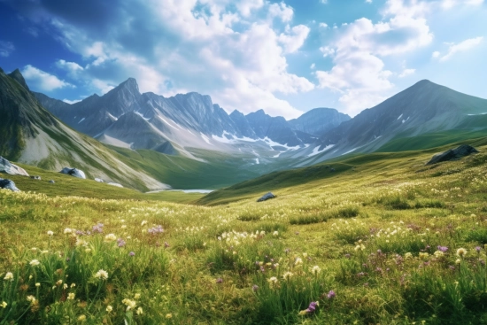 A green field with flowers and mountains in the background