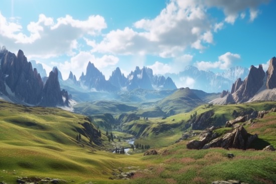 A green valley with rocky mountains in the background