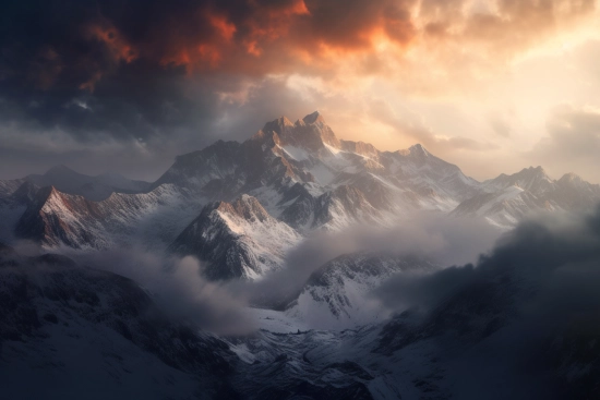 A snowy mountain range with clouds