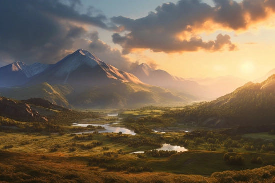 A valley with a river and mountains in the background