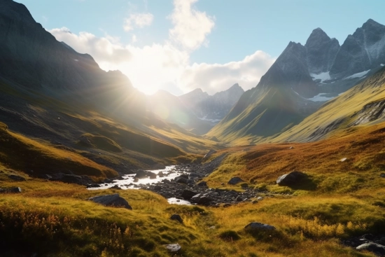 A river running through a valley with mountains in the background