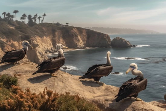 A group of birds on a cliff overlooking a body of water