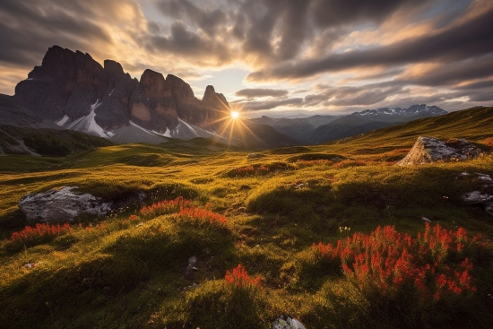 A landscape with mountains and flowers