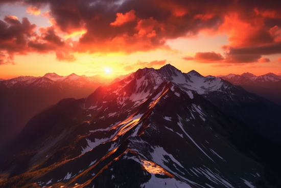 A mountain range with snow and sun setting