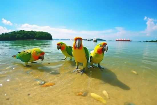 A group of colorful birds standing on the beach