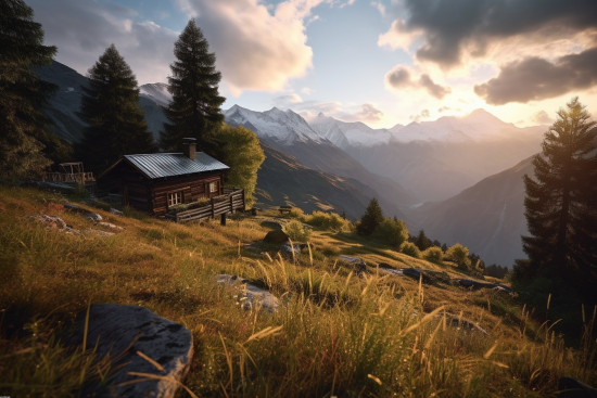 A cabin on a hill with mountains in the background
