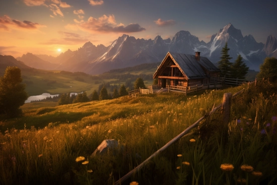 A house in a field with mountains in the background