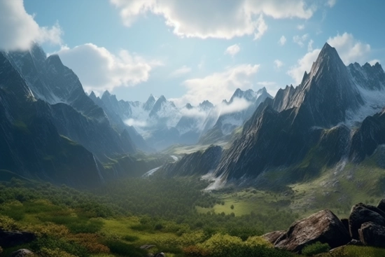 A valley with mountains and trees
