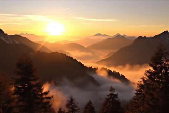 A sun shining through clouds over a mountain range