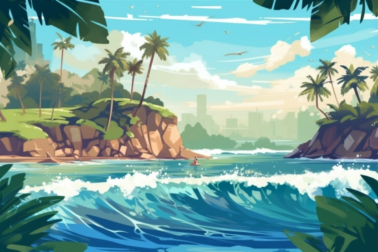 A beach with palm trees and a city