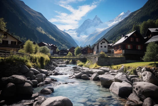 A river running through a valley with houses and mountains in the background