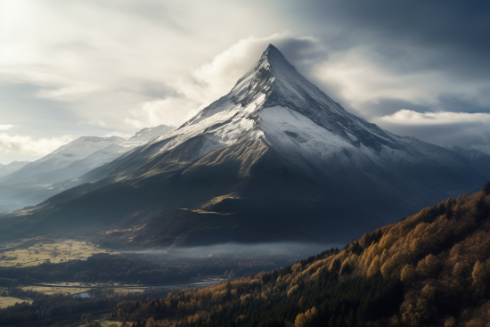 A mountain with snow and trees